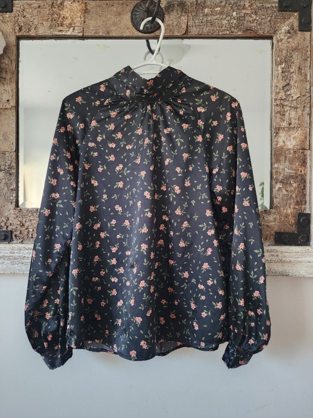 Floral,Romantic  Satin Mock Neck Blouse